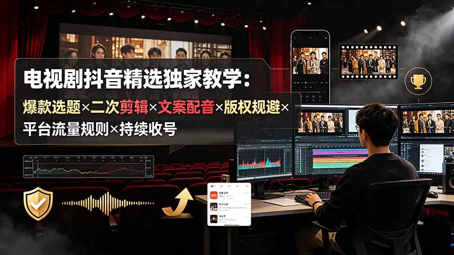 电视剧抖音精选独家教学:爆款选题×二次剪辑×文案配音×版权规避×平台流量规则×持续收益账号-知云阁资源站