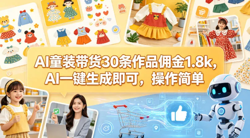 AI童装带货30条作品佣金1.8k，AI一键生成即可，操作简单-知云阁资源站