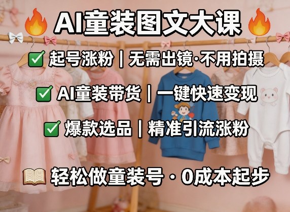 AI童装图文剪辑,某社群童装图文大课,起号涨粉、AI童装带货、爆款选品,无需出镜和拍摄-知云阁资源站