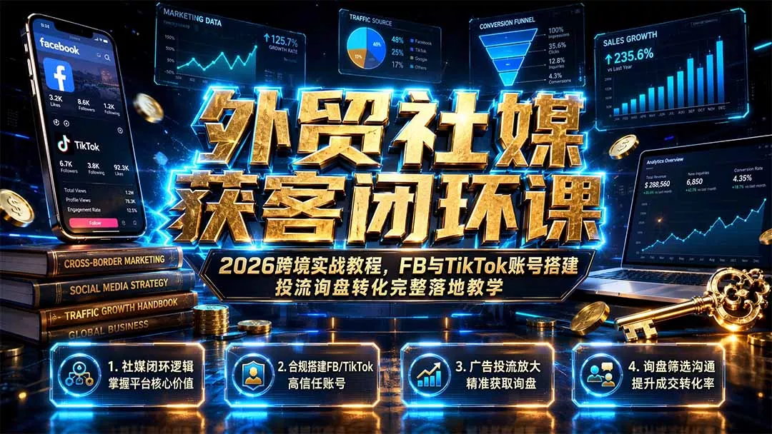 外贸社媒获客闭环课｜2026跨境实战教程，FB与TikTok账号搭建投流询盘转化完整落地教学-知云阁资源站