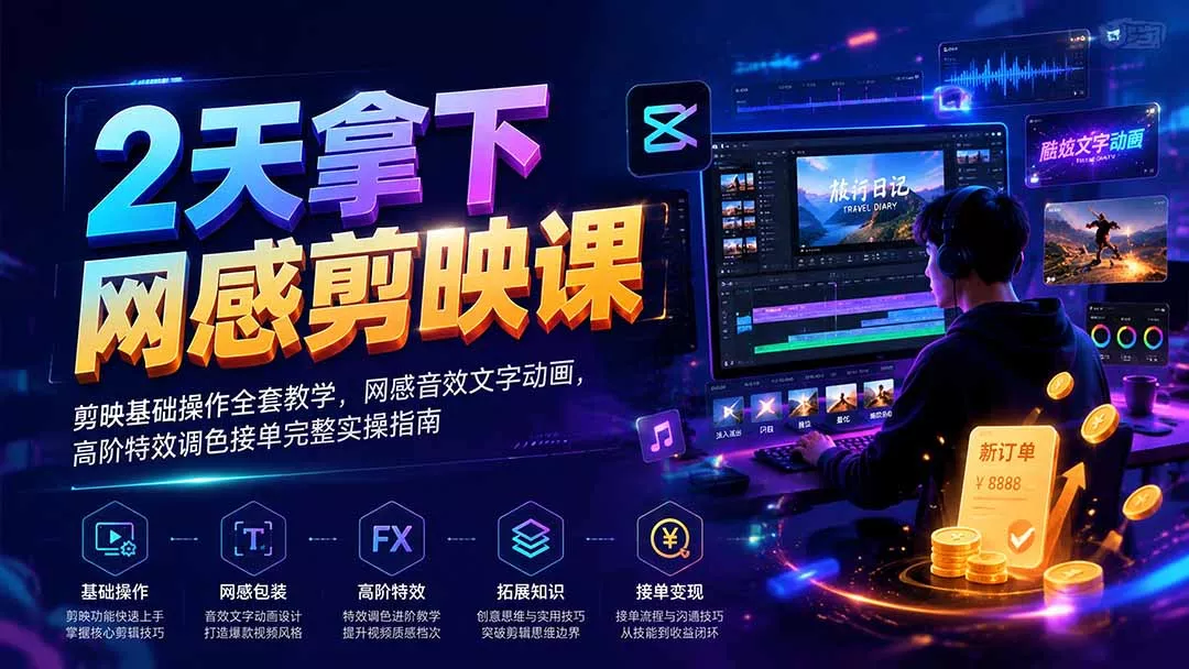 2天拿下网感剪辑课|剪映基础操作全套教学,网感音效文字动画,高阶特效调色接单完整实操指南-知云阁资源站