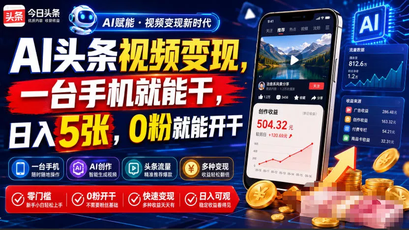 AI头条视频变现，一台手机就能干，日入5张，0粉就能开干-知云阁资源站