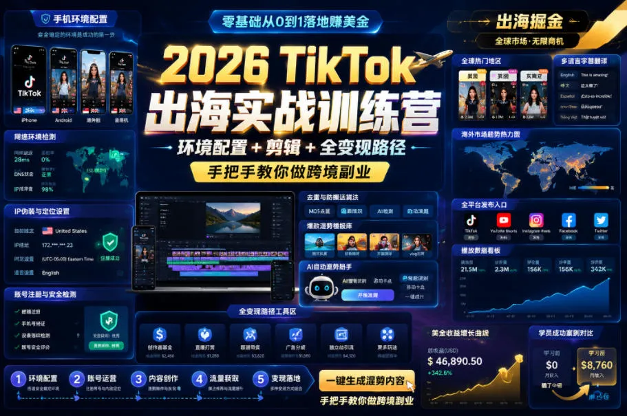 2026 TikTok出海实战训练营,环境配置 + 剪辑 + 全变现路径,手把手教你做跨境副业-知云阁资源站