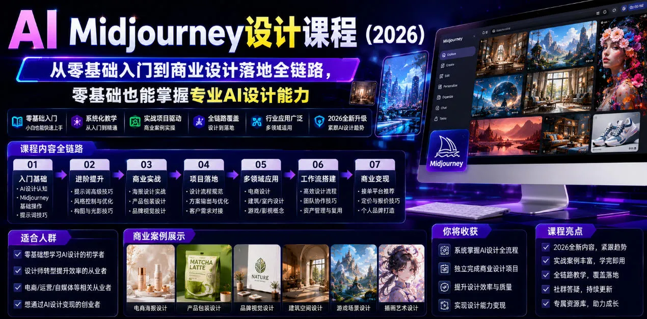 AI Midjourney设计课程(2026),从零基础入门到商业设计落地全链路,零基础也能掌握专业AI设计能力-知云阁资源站