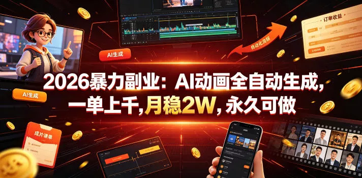 2026暴力副业：AI动画全自动生成，一单上千，月稳2W，永久可做【揭秘】-知云阁资源站