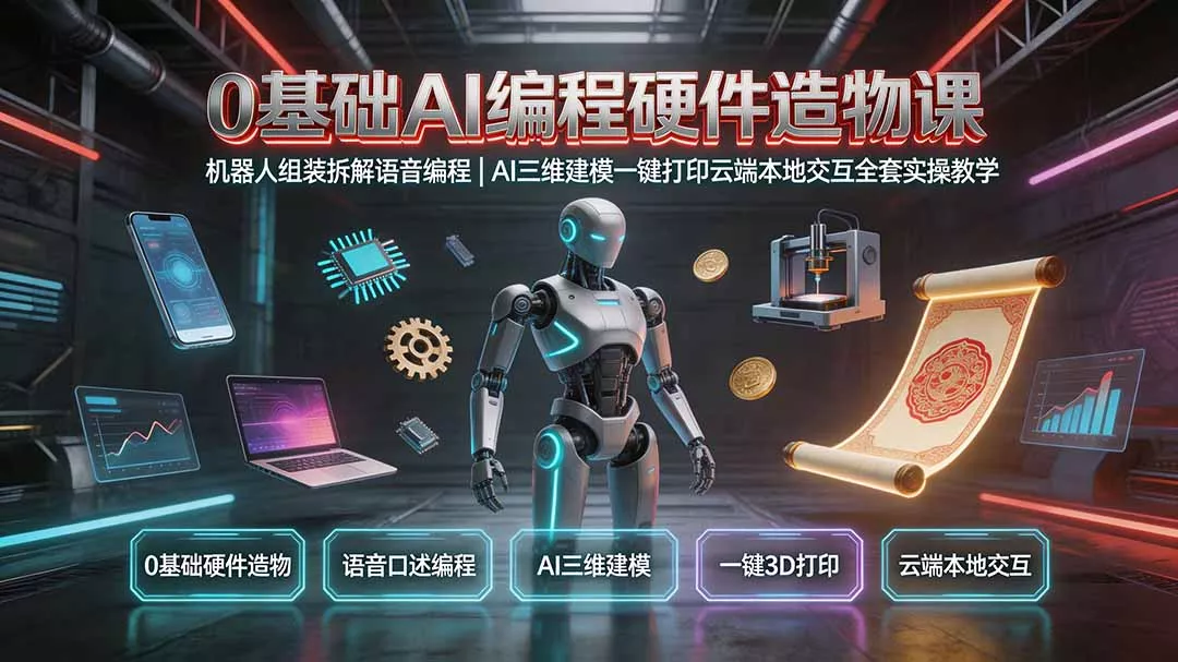 0基础AI编程硬件造物课｜机器人组装拆解语音编程，AI三维建模一键打印云端本地交互全套实操教学-知云阁资源站