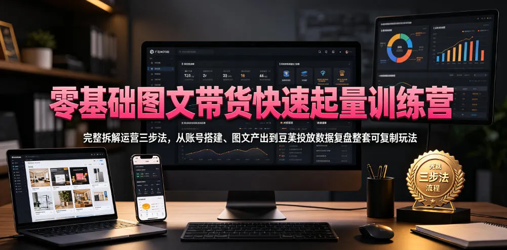 零基础图文带货快速起量训练营,完整拆解运营三步法,从账号搭建、图文产出到豆荚投放数据复盘整套可复制玩法-知云阁资源站
