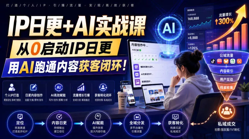 IP日更+AI实战课，从0启动IP日更，IP置顶视频制作+100条选题库搭建+10条日更规划，用AI跑通内容获客闭环!-知云阁资源站