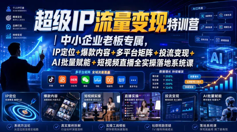 超级IP流量变现特训营｜中小企业老板专属，IP定位+爆款内容+多平台矩阵+投流变现+AI批量赋能+短视频直播全实操落地系统课-知云阁资源站