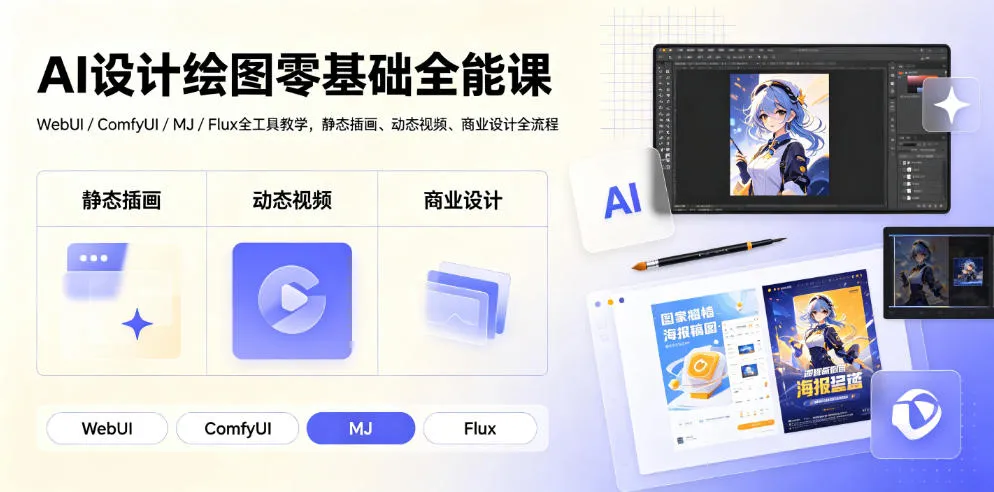 AI设计绘图零基础全能课｜WebUI/ComfyUI/MJ/Flux全工具教学，静态插画、动态视频、商业设计全流程-知云阁资源站