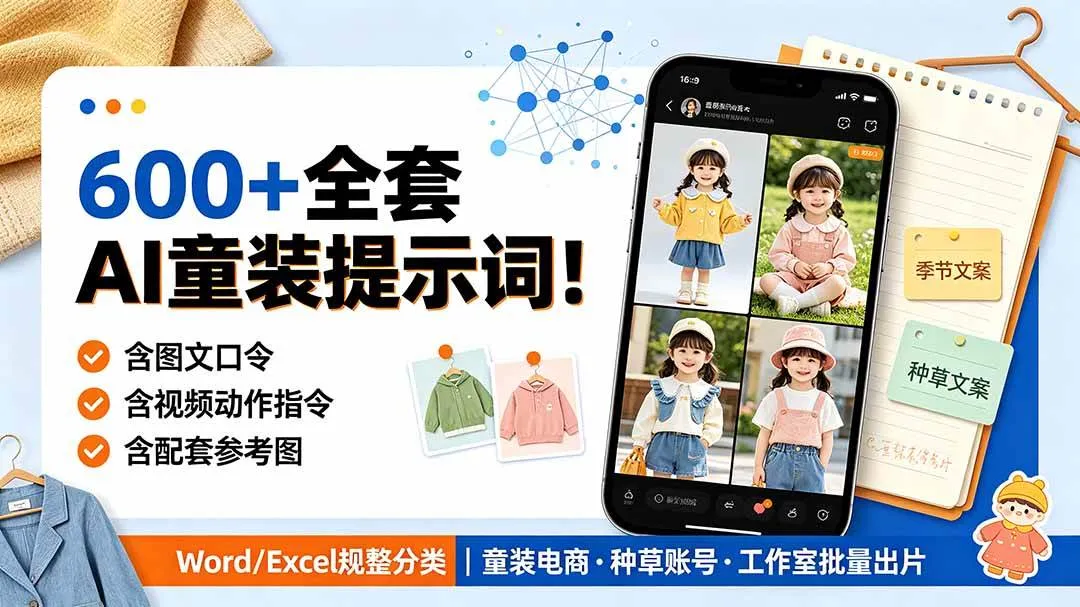 (19302期)600+全套AI童装提示词!含图文口令+视频动作指令+配套参考图,Word/Excel规整分类,童装电商、种草无脑量产内容-知云阁资源站