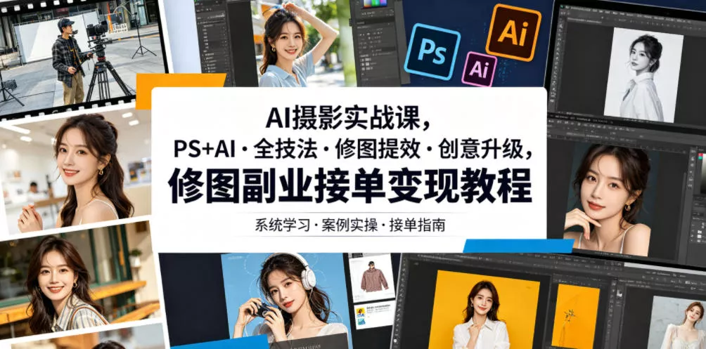 AI摄影实战课,PS+AI・全技法・修图提效・创意升级,修图副业接单变现教程-知云阁资源站