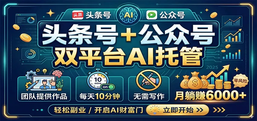头条号+公众号双平台AI托管，团队提供作品，每天10分钟，月躺赚6000+-知云阁资源站