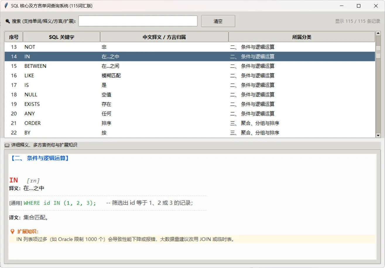 SQL常用核心单词查询115词客户端-知云阁资源站
