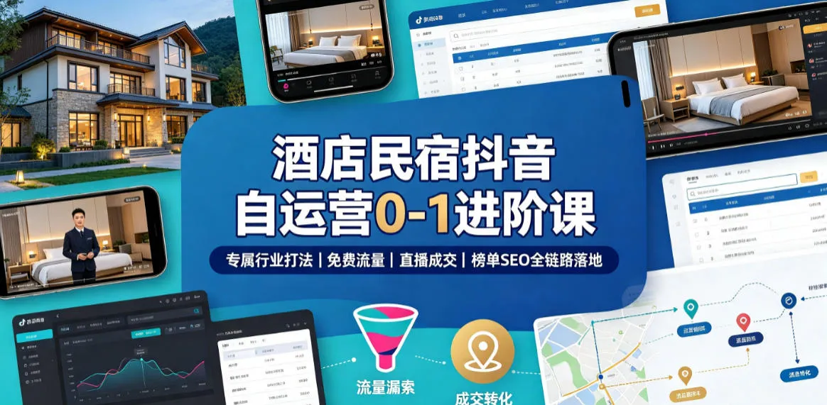 酒店民宿抖音自运营0-1进阶课|专属行业打法、免费流量+直播成交+榜单SEO全链路落地-知云阁资源站