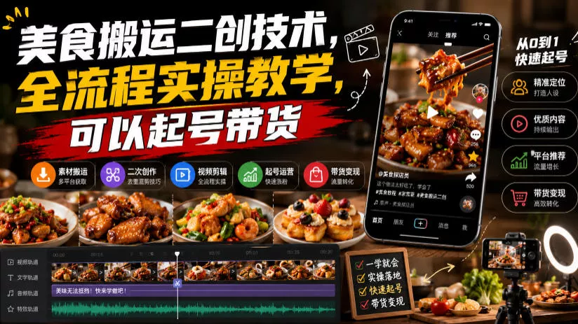 美食搬运二创技术,全流程实操教学,可以起号带货-知云阁资源站