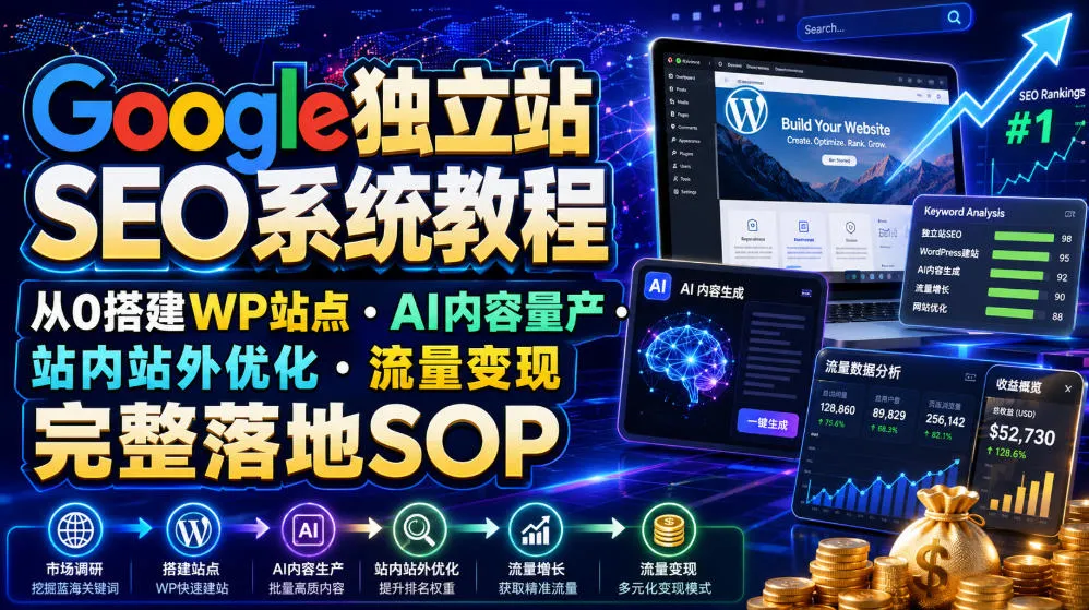 Google独立站SEO系统教程,从0搭建WP站点・AI内容量产・站内站外优化・流量变现完整落地SOP(2026年7月)-知云阁资源站