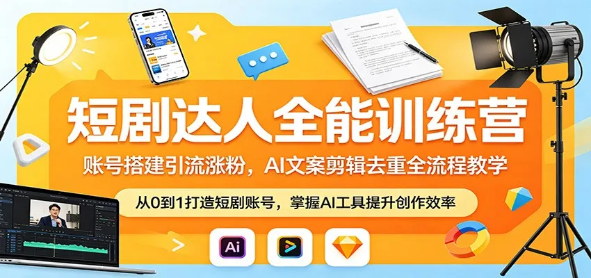 短剧达人全能训练营:账号搭建引流涨粉,AI 文案剪辑去重全流程教学-知云阁资源站