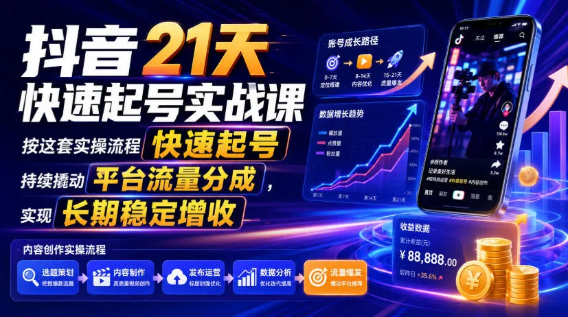 抖音21天快速起号实战课,按这套实操流程快速起号,持续撬动平台流量分成,实现长期稳定增收-知云阁资源站