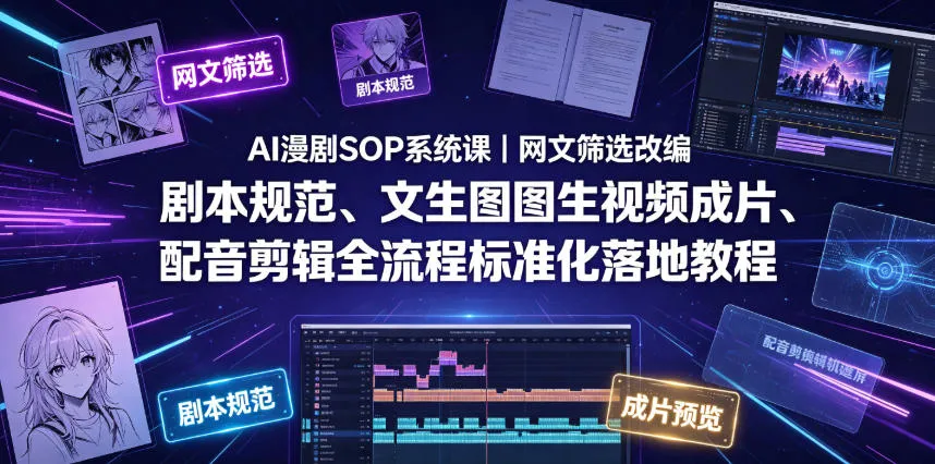 AI漫剧SOP系统课|网文筛选改编、剧本规范、文生图图生视频成片、配音剪辑全流程标准化落地教程-知云阁资源站