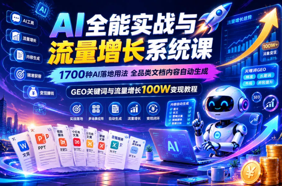 AI全能实战与流量增长系统课，1700种AI落地用法，全品类文档内容自动生成，GEO关键词与流量增长100W变现教程-知云阁资源站