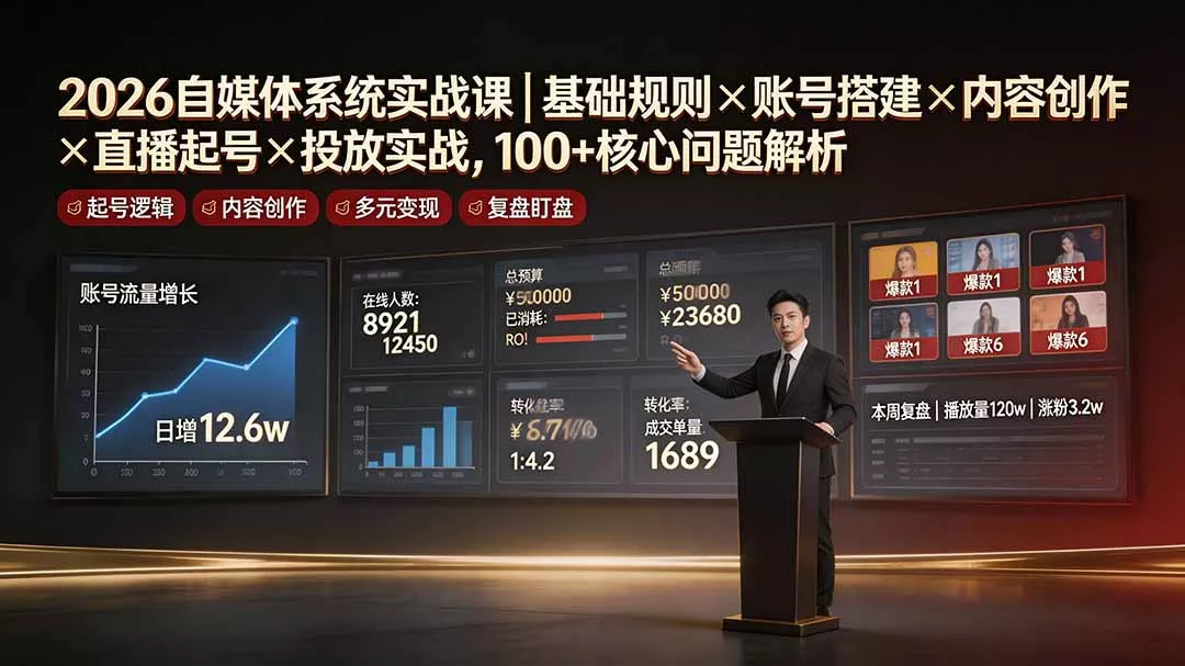 2026自媒体系统实战课|基础规则×账号搭建×内容创作×直播起号×投放实战,100+核心问题解析-知云阁资源站