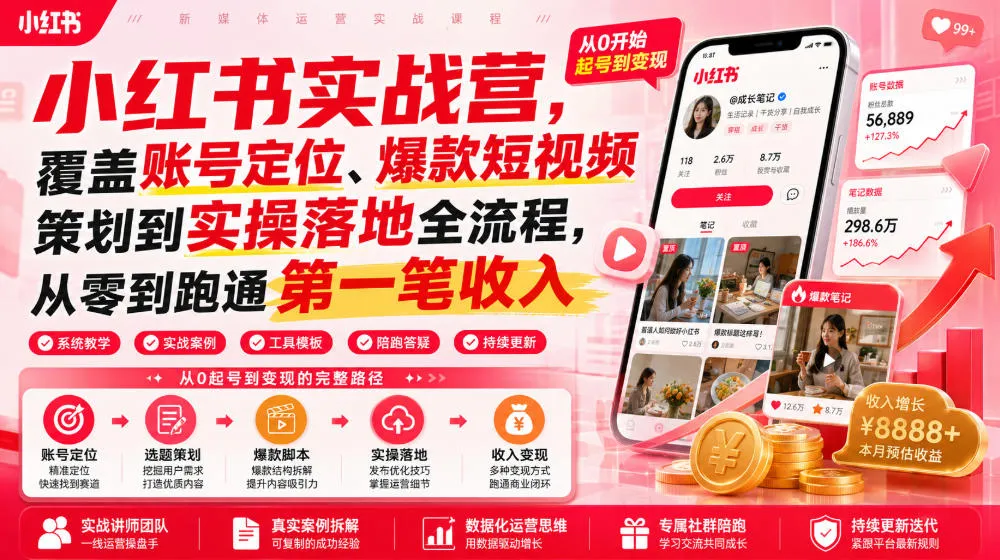 小红书实战营,覆盖账号定位、爆款短视频策划到实操落地全流程,从零到跑通第一笔收入-知云阁资源站