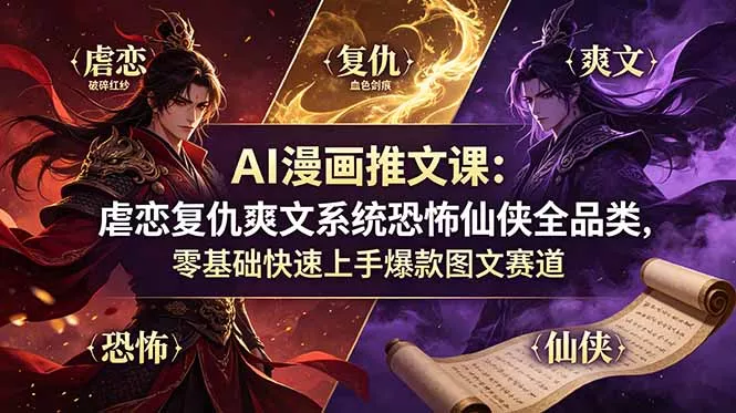 AI漫画推文课：虐恋复仇爽文系统恐怖仙侠全品类，零基础快速上手爆款图文赛道-知云阁资源站