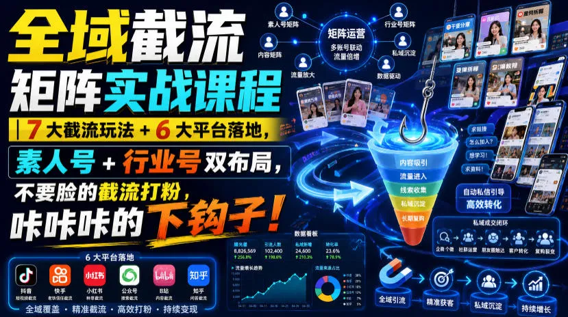 全域截流矩阵实战课程|7大截流玩法+6大平台落地,素人号+行业号双布局,不要脸的截流打粉,咔咔咔的下钩子!-知云阁资源站