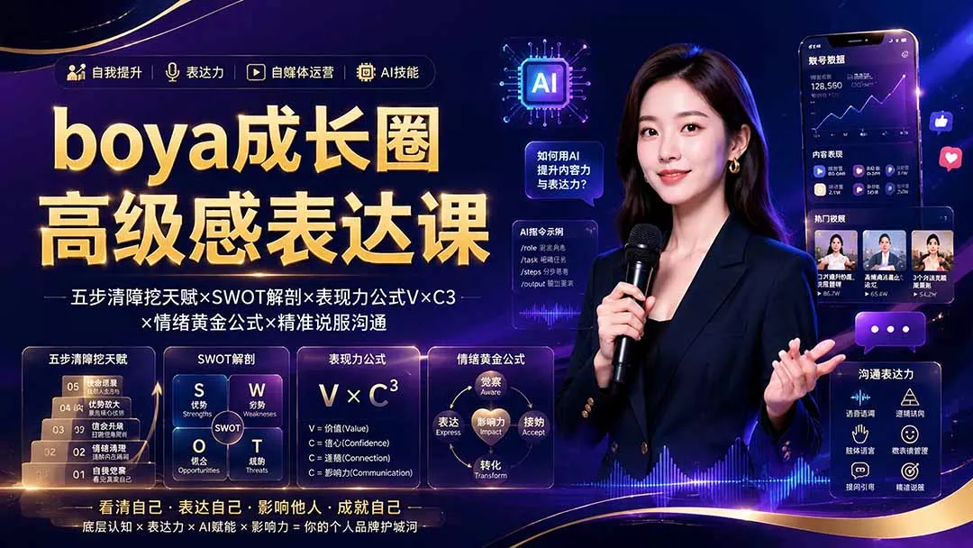 boya成长圈｜内心成长高级表达AI自媒体三合一，消解内耗挖掘天赋，镜头沟通AI指令短视频全流程教学-知云阁资源站