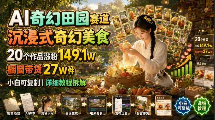 AI奇幻田园赛道,沉浸式奇幻美食,20个作品涨粉149.1W,橱窗带货27W件,小白可复制,详细教程拆解-知云阁资源站