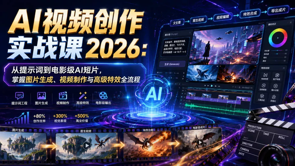AI视频创作实战课2026:从提示词到电影级AI短片,掌握图片生成、视频制作与高级特效全流程-知云阁资源站