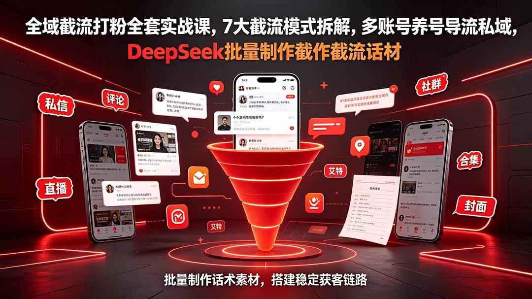 全域截流打粉全套实战课,7大截流模式拆解,多账号养号导流私域,DeepSeek批量制作截流话术素材-知云阁资源站