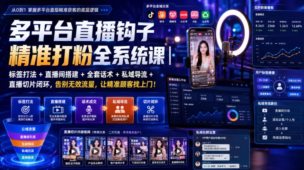 多平台直播钩子精准打粉全系统课|标签打法+直播间搭建+全套话术+私域导流+直播切片闭环,告别无效流量,让精准顾客找上门!-知云阁资源站