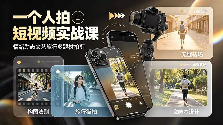 一个人拍短视频实战课:情绪励志文艺旅行多题材×五大景别×黄金构图×八大运镜,从拍摄到成片高效创作-知云阁资源站