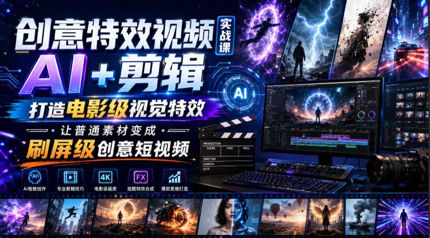 创意特效视频实战课,AI+剪辑打造电影级视觉特效,让普通素材变成刷屏级创意短视频-知云阁资源站