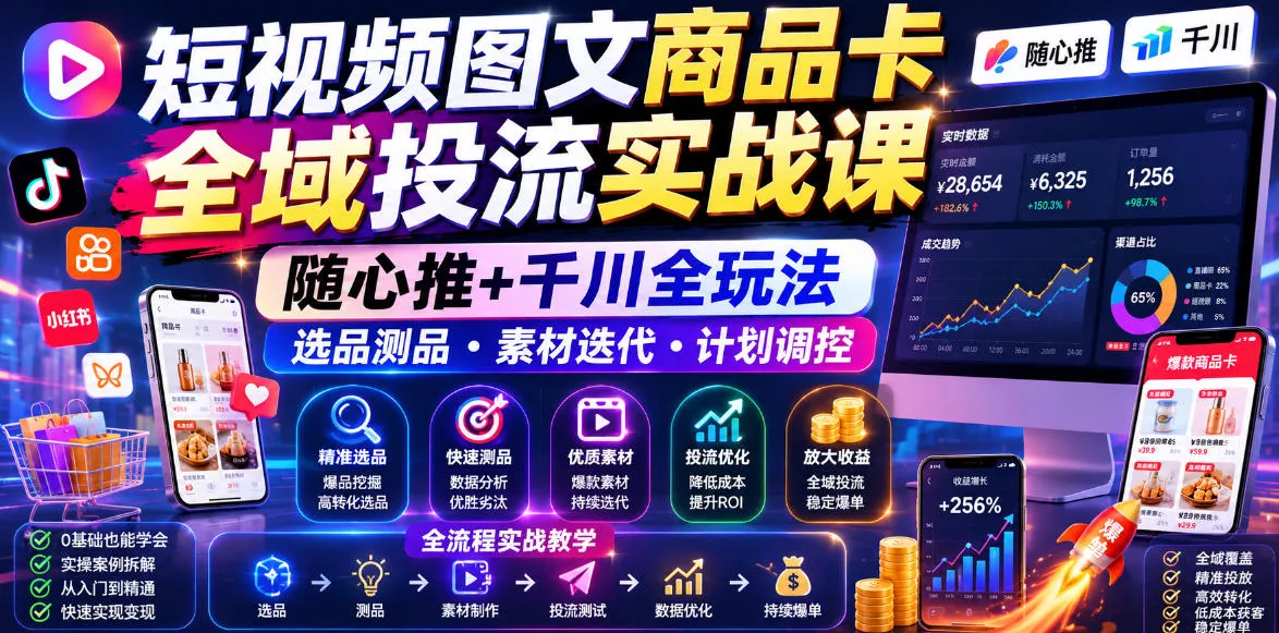 短视频图文商品卡全域投流实战课,随心推+千川全玩法,选品测品・素材迭代・计划调控,提升ROI爆单增收教程-知云阁资源站