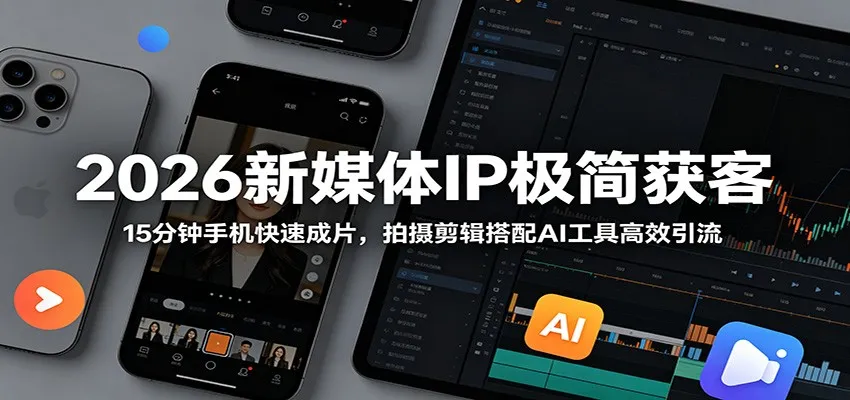 2026新媒体IP极简获客：15分钟手机快速成片，拍摄剪辑搭配AI工具高效引流-知云阁资源站