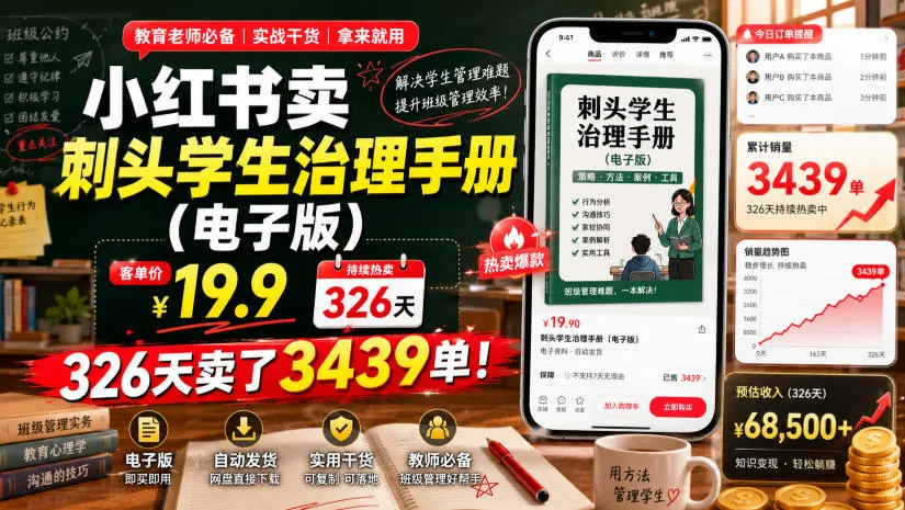 小红书卖刺头学生治理手册(电子版),客单价19.9,326天卖了3439单!-知云阁资源站