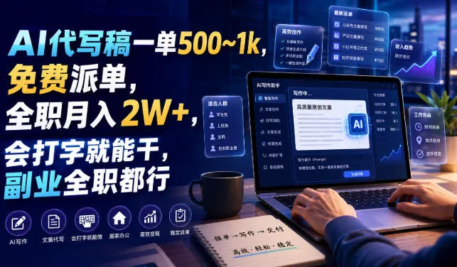 AI代写稿一单500~1k,免费派单,全职月入2W+,会打字就能干,副业全职都行【揭秘】-知云阁资源站