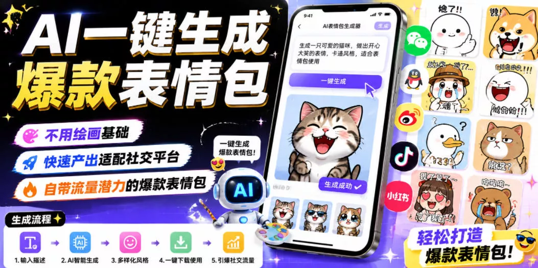 AI一键生成爆款表情包,不用绘画基础,快速产出适配社交平台,自带流量潜力的爆款表情包-知云阁资源站