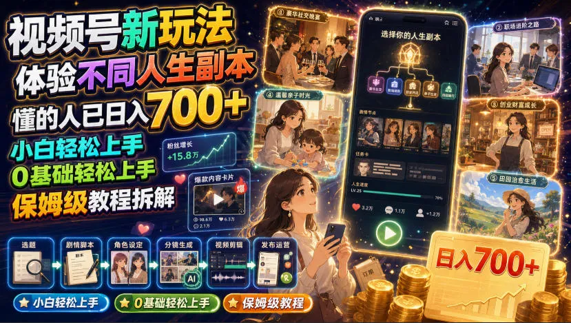 视频号新玩法体验不同人生副本,懂的人已日入700+,小白轻松上手,0基础轻松上手,保姆级教程拆解-知云阁资源站