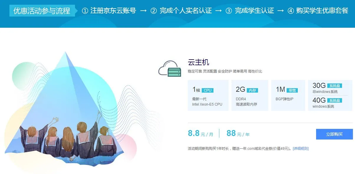 京东云学生88一年送COM域名-知云阁资源站