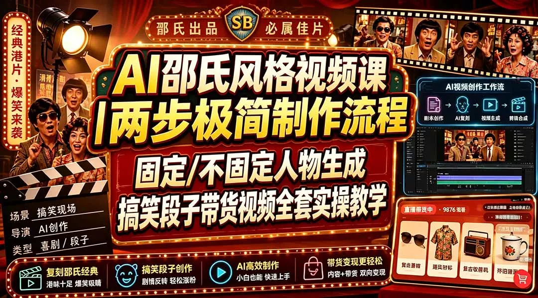 AI邵氏风格视频课|两步极简制作流程,固定/不固定人物生成,搞笑段子带货视频全套实操教学-知云阁资源站