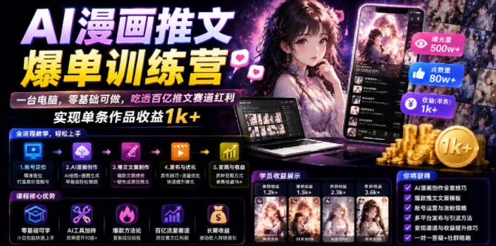 AI漫画推文爆单训练营,一台电脑,零基础可做,吃透百亿推文赛道红利,实现单条作品收益1k+-知云阁资源站