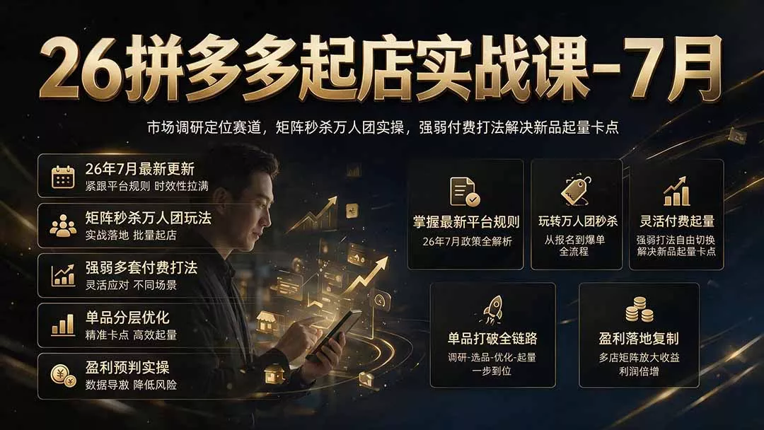 26拼多多起店实战课-7月｜市场调研定位赛道，矩阵秒杀万人团实操，强弱付费打法解决新品起量卡点-知云阁资源站