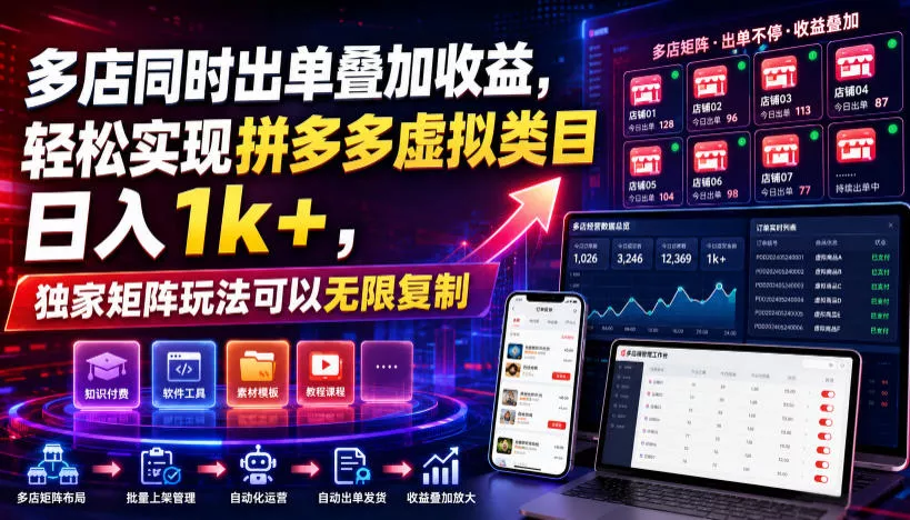 多店同时出单叠加收益,轻松实现拼多多虚拟类目日入1k+,独家矩阵玩法可以无限复制【揭秘】-知云阁资源站