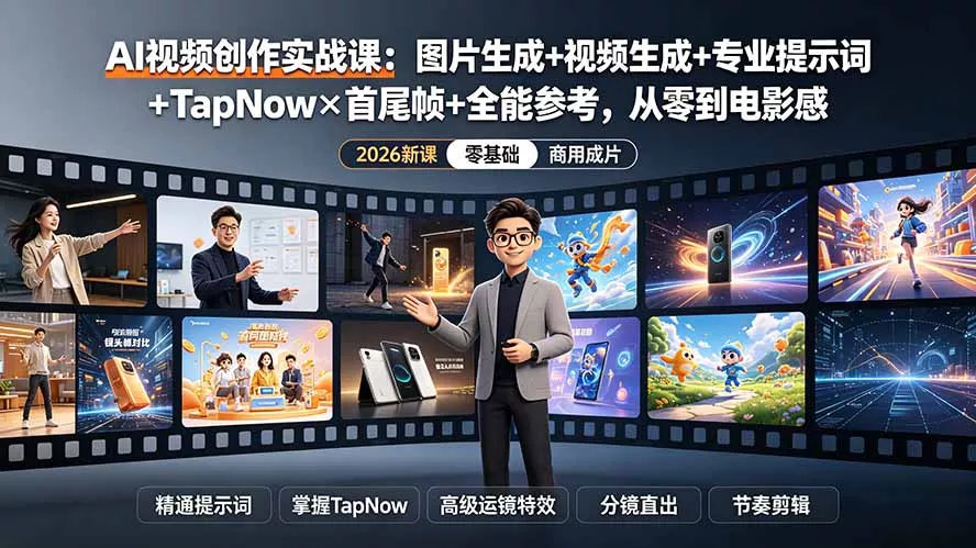 AI视频创作实战课:图片生成+视频生成+专业提示词+TapNow×首尾帧+全能参考,从零到电影感成片-知云阁资源站