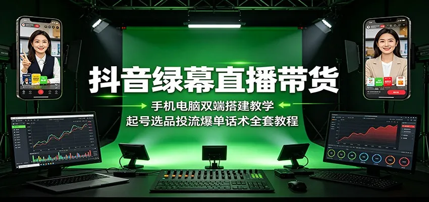 抖音绿幕直播带货:手机电脑双端搭建教学,起号选品投流爆单话术全套教程-知云阁资源站