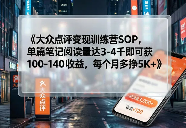 大众点评变现训练营SOP,单篇笔记阅读量达3-4千即可获100-140收益,每个月多挣5K+-知云阁资源站